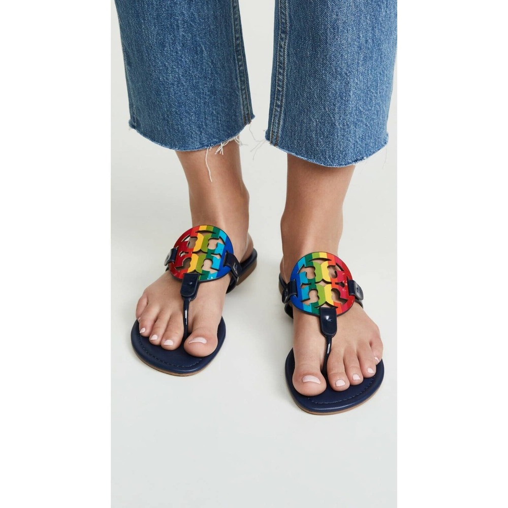 TORY BURCH MILLER ROYAL NAVY RAINBOW REVA LEATHER FLATS THONG SLIDES SANDALS 7 - Picture 5 of 12
